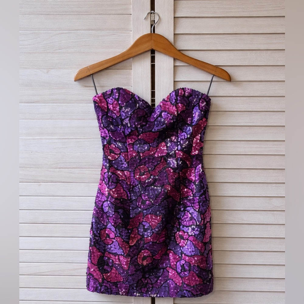 J Reynolds Designs Black, Purple & Pink Sequin Strapless Dress Glam Party Chic